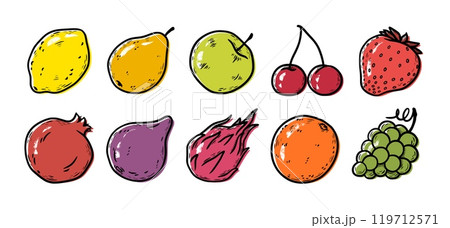 Fruit icons. Apple, citrus lemon and orange, strawberry and pear juice, grape and dragoon fruit, cherry and pomegranate, line doodle food logo. Organic outline creative vector isolated set Fruit icons. Apple, citrus lemon and orange, strawberry and pear juice, grape and dragoon fruit, cherry and pomegranate, line doodle food logo. Organic outline creative vector isolated set 119712571