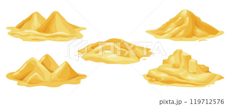 Sand pile. Beach dune island. Sandy heap. Game desert. Gold powder. Dry dirt ground. Crumbly building material. Wilderness mountain. Industrial construction. Sandbox elements vector set 119712576