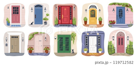 House door. Flower front entrance, home or apartment with flat wall porch welcome mat and cartoon lamp. Window plant decor with letterbox, brick exterior. Architectural isolated element. Vector set House door. Flower front entrance, home or apartment with flat wall porch welcome mat and cartoon lamp. Window plant decor with letterbox, brick exterior. Architectural isolated element. Vector set 119712582