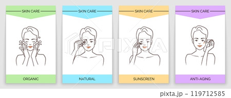 Skincare posters. Beauty routine. Cosmetic moisturizing cream. Facial skincare procedure. Outline girl head. Women apply serum. Cleanser and lotion. Vector dermatology salon banners set Skincare posters. Beauty routine. Cosmetic moisturizing cream. Facial skincare procedure. Outline girl head. Women apply serum. Cleanser and lotion. Vector dermatology salon banners set 119712585