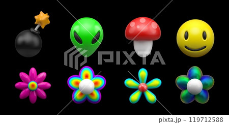 3D emoji. Y2K flower stickers. Alien face. Light bomb. Mushroom and blossom. Emoticon smile. Trippy doodle shapes. Vintage 90s. Render glossy smiley. Comic dynamite. Vector icons set 119712588