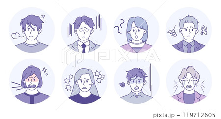Worry icons. Sad person. Office trouble. Male or female think. Complaint business people. Businessman problems. Unhappy man and woman portraits. Confused collogue. Vector avatars set 119712605