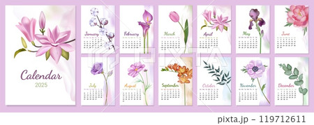 Flower calendar. Minimal floral design or abstract season art template. Nature planner. Blooming blossoms. Organizer sheets. Monthly diary planning. 2025 dates. Vector schedule pages set 119712611