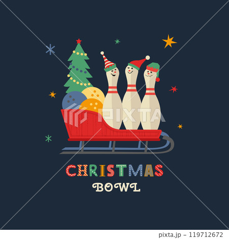 Christmas holiday bowling fancy vector icon. Bowling ball, funny pin, Elf hat minimal design element. Bowl club x-mas holidays invitation poster template. Christmas party event background illustration 119712672