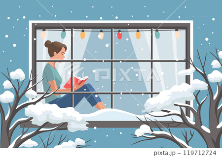 Woman reading book at the winter window. New Year and Christmas background. Cozy winter illustration for bookshop, library, bookstore. 119712724