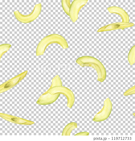 Flying fresh cut peeled avocado slices watercolor seamless pattern. Chopped vegetable pile painted in realistic style. Food organic elements for menu, recipe design, healthy salad decor. Flying fresh cut peeled avocado slices watercolor seamless pattern. Chopped vegetable pile painted in realistic style. Food organic elements for menu, recipe design, healthy salad decor. 119712733