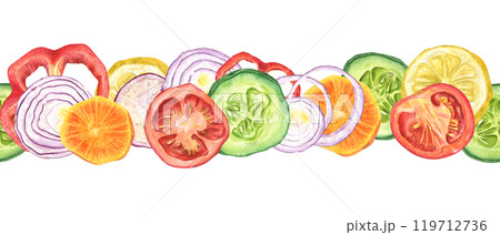 Garden sliced vegetables hand drawn watercolor seamless horizontal banner. Tomato, cucumber, onion, carrot, pepper, radish and lemon salad ingredients for kitchen textile, menu decor, package Garden sliced vegetables hand drawn watercolor seamless horizontal banner. Tomato, cucumber, onion, carrot, pepper, radish and lemon salad ingredients for kitchen textile, menu decor, package 119712736