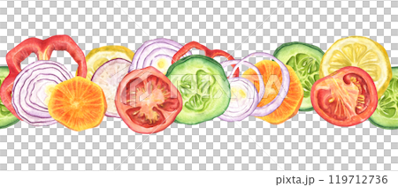 Garden sliced vegetables hand drawn watercolor seamless horizontal banner. Tomato, cucumber, onion, carrot, pepper, radish and lemon salad ingredients for kitchen textile, menu decor, package 119712736