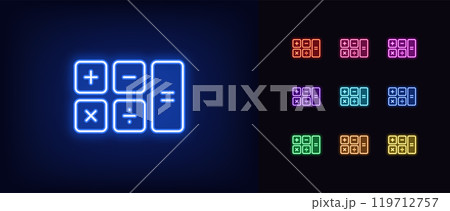 Outline neon calculator icon set. Glowing neon investment calculator, mortgage calculation, budget balance estimation. Finance education, maths, expense accounting, financial management. Vector icons Outline neon calculator icon set. Glowing neon investment calculator, mortgage calculation, budget balance estimation. Finance education, maths, expense accounting, financial management. Vector icons 119712757