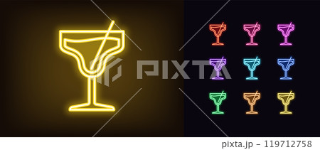 Outline neon cocktail icon set. Glowing neon cocktail glass with beverage and straw, alcohol drinks menu. Margarita cocktail, drinks bar, relax party, alcohol beverage, cheer and vacation. Vector icon 119712758