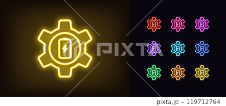 Outline neon battery settings icon set. Glowing neon battery power consumption optimization, smart customization for device energy consumption. Electric energy efficiency control. Vector icons 119712764