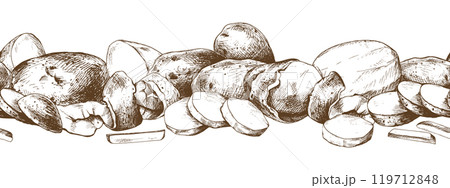 Potatoes whole, half, cut, peeled and wedges seamless border. Graphic illustration hand drawn in brown ink. EPS vector on the theme of harvest cooking, food, packaging, vegetable shop design 119712848
