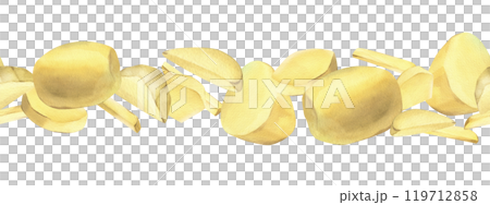 White potatoes, peeled, whole, half, cut into slices and sticks for French fries. Hand drawn watercolor illustration on the theme of cooking, food. Seamless border pattern 119712858