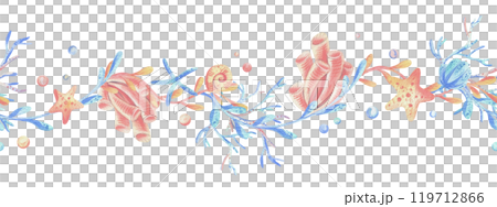 Sea corals, algae, shells, starfish, bubbles. Watercolor illustration hand drawn in coral, turquoise and blue colors. Seamless board isolated from background 119712866