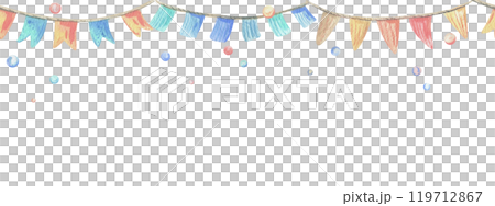 Festive flags and garlands for decoration. Watercolor illustration, hand drawn in pastel colors: pink, peach, coral, turquoise, blue. Seamless borders isolated from background 119712867