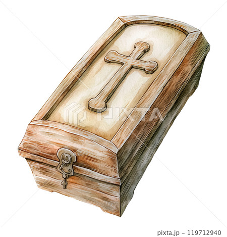 Wooden Halloween coffin with metal accents and a skull lock, isolated on a transparent background. Watercolor illustration of a creepy coffin, perfect for Halloween projects, horror designs. 119712940