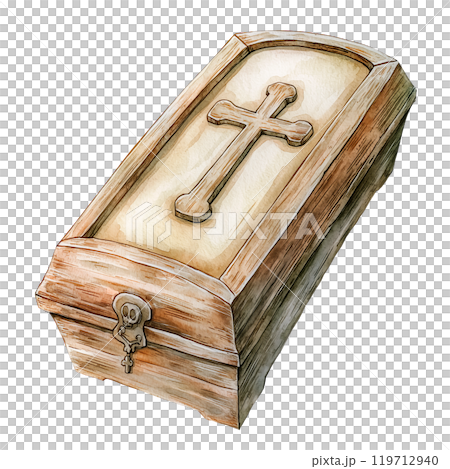 Wooden Halloween coffin with metal accents and a skull lock, isolated on a transparent background. Watercolor illustration of a creepy coffin, perfect for Halloween projects, horror designs. 119712940