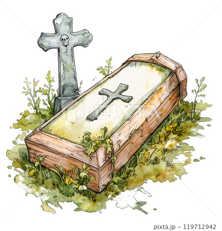 Old grave with a cross and tombstone, surrounded by grass and flowers, isolated on a transparent background. Watercolor style illustration of a vintage burial site, perfect for Halloween 119712942