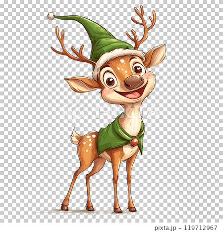 Reindeer in a festive green hat and scarf on a transparent background. Christmas character, holiday design, winter fashion, joyful vibes, seasonal fun, reindeer illustration, holiday outfit. 119712967