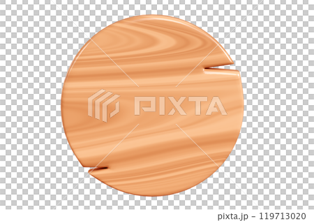 Wooden circle plaque with cracks for text box. Cartoon 3d render illustration of round signboard with brown wood texture. Vintage rustic timber plank, nameplate or board frame with fracture. 119713020