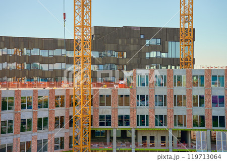 Two large tower cranes at construction site 119713064