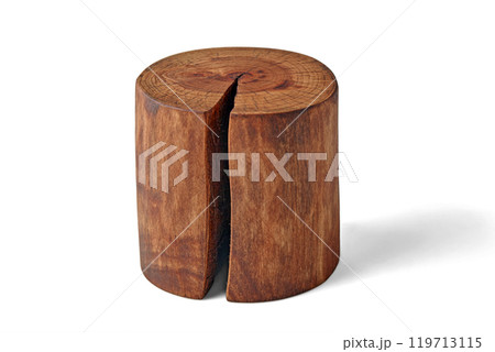 brown tree trunk cut with crack isolated on white background. product stand brown tree trunk cut with crack isolated on white background. product stand 119713115