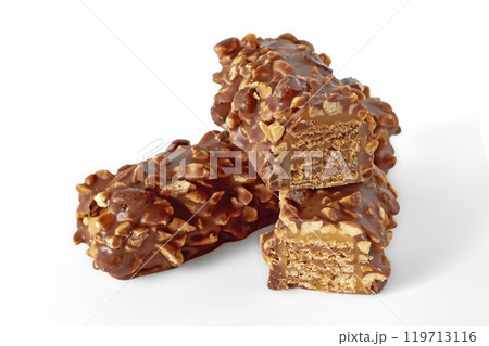 sweet wafer bars with caramel and nuts covered with chocolate glaze sweet wafer bars with caramel and nuts covered with chocolate glaze 119713116