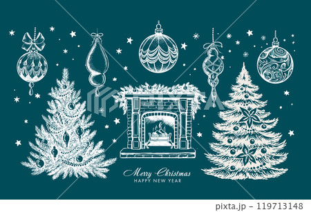 Christmas tree, toys, Fireplace, hand drawn style, vector illustration	 119713148