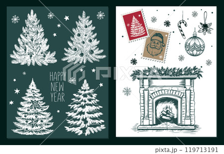 Christmas tree, toys, hand drawn style, vector illustration Christmas tree, toys, hand drawn style, vector illustration 119713191