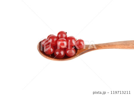 Fresh viburnum berries in a wooden spoon on a white background. Fresh viburnum berries in a wooden spoon on a white background. 119713211