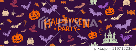 Halloween symbols, bat, candy, hat, pumpkin, pattern, hand drawn illustrations	 Halloween symbols, bat, candy, hat, pumpkin, pattern, hand drawn illustrations	 119713230