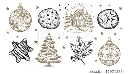 Christmas cookie, tree, ball, set, Hand drawn illustration	 119713264