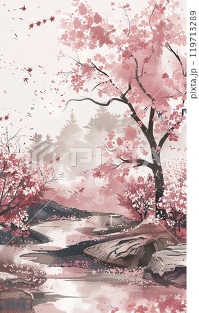 Serenity in sakura and river , Generae AI 119713289
