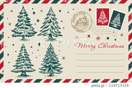 Postcard, Christmas mail, letter, hand drawn illustration. Postcard, Christmas mail, letter, hand drawn illustration. 119713324