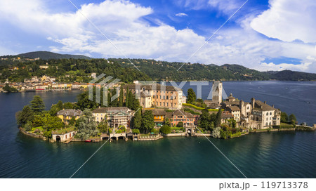 Most beautiful italian villages - unique romantic island San Giulio in Orta lake ( Lago di Orta) in Piedmont Province of Novara . aerial drone view 119713378