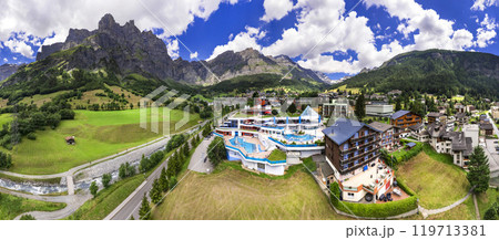 Switzerland scenery and best tourist destination in Valais canton. Beautiful Leukerbad village and thermal resort, popular for summer and winter activities. high angle panoramic view of the town Switzerland scenery and best tourist destination in Valais canton. Beautiful Leukerbad village and thermal resort, popular for summer and winter activities. high angle panoramic view of the town 119713381
