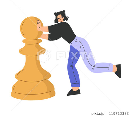 Woman Character with Big Chess Pawn Piece Vector Illustration 119713388