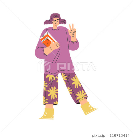 Woman with Book and Interesting Literature Showing V Sign Gesture Vector Illustration Woman with Book and Interesting Literature Showing V Sign Gesture Vector Illustration 119713414