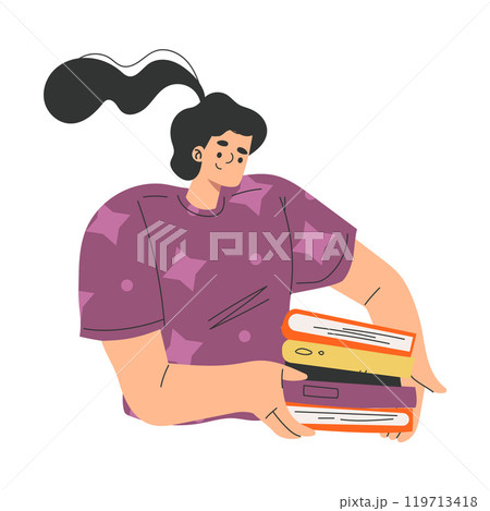 Woman Carry Book and Interesting Literature Enjoy Hobby Vector Illustration 119713418