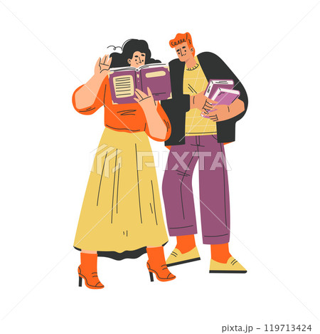 Man and Woman with Book and Interesting Literature Enjoy Hobby Vector Illustration Man and Woman with Book and Interesting Literature Enjoy Hobby Vector Illustration 119713424