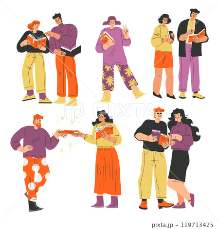 People with Books and Interesting Literature Enjoy Hobby Vector Set 119713425