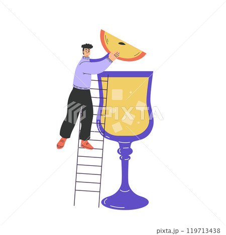 Man Character with Big Cocktail Glass on Ladder Add Apple Vector Illustration Man Character with Big Cocktail Glass on Ladder Add Apple Vector Illustration 119713438