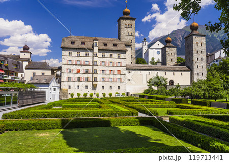 Switzerland travel and landmarks. Valais canton, Brig town.  Impressive Stockalper castle with beautiful garden and park 119713441