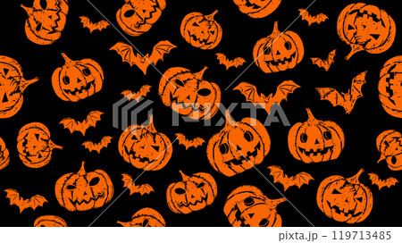 Halloween Party, pumpkin, bat, pattern on black background, hand drawn illustrations	 119713485