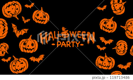 Halloween Party, pumpkin, bat, pattern on black background, hand drawn illustrations	 119713486