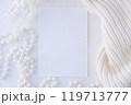 Minimalistic Blank Card with White Pearls and Knit Fabric for Elegant Winter or Christmas Designs 119713777