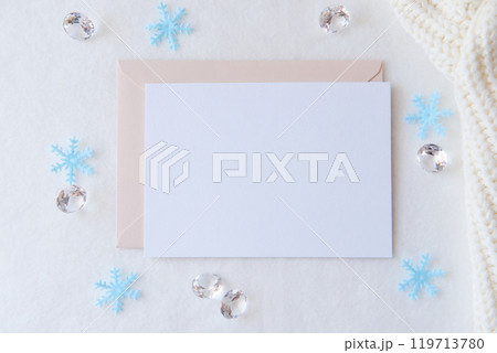 Christmas mockup. Blank Card with Snowflakes and Gems for Holiday Greeting or Invitation Design 119713780