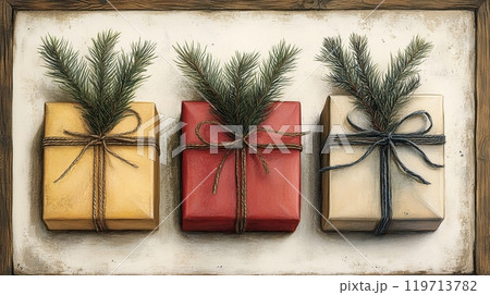 an illustration that shows minimalist Christmas art like wrapped gifts in boho colors, top view 119713782