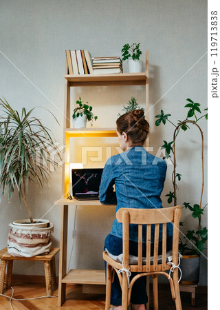 Young European woman is sitting at desk in home office, looking at laptop screen. view from back 119713838