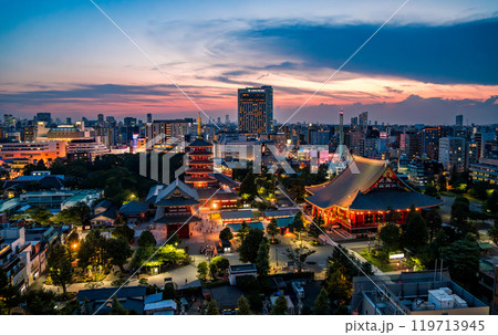 Senso-ji temple by night in Asakusa, Taito City, Tokyo, Japan 119713945